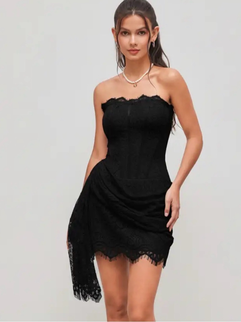 Cider Black Strapless Lace Mini Dress